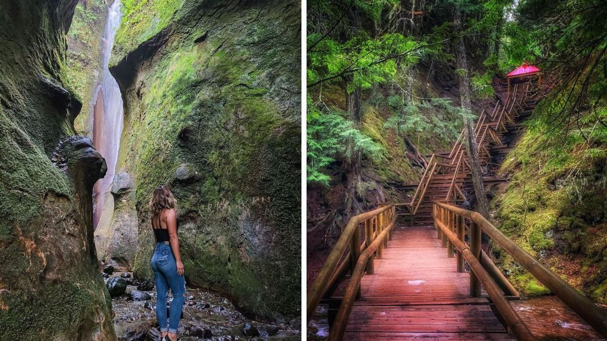 A person stands in a canyon in B.C. Right: A wooden staircase in a forest in Nova Scotia.