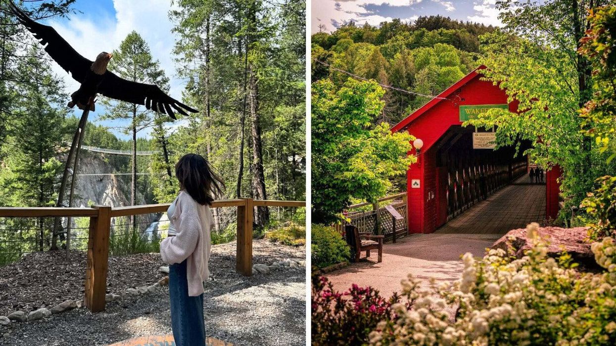 A person stands in a park in a small town in Canada. Right: A bridge in a small town.