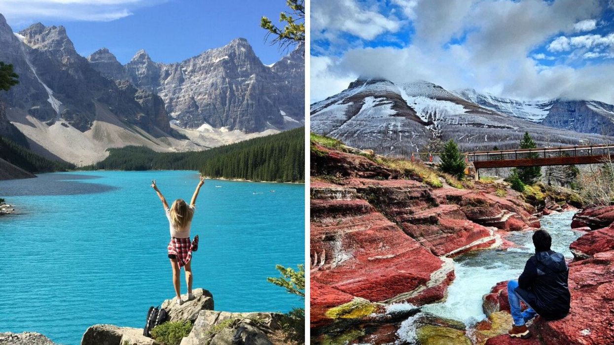 A person stands in front of a blue lake at Banff National Park. Right: A person sits by red rocks at Waterton Lakes National Park.