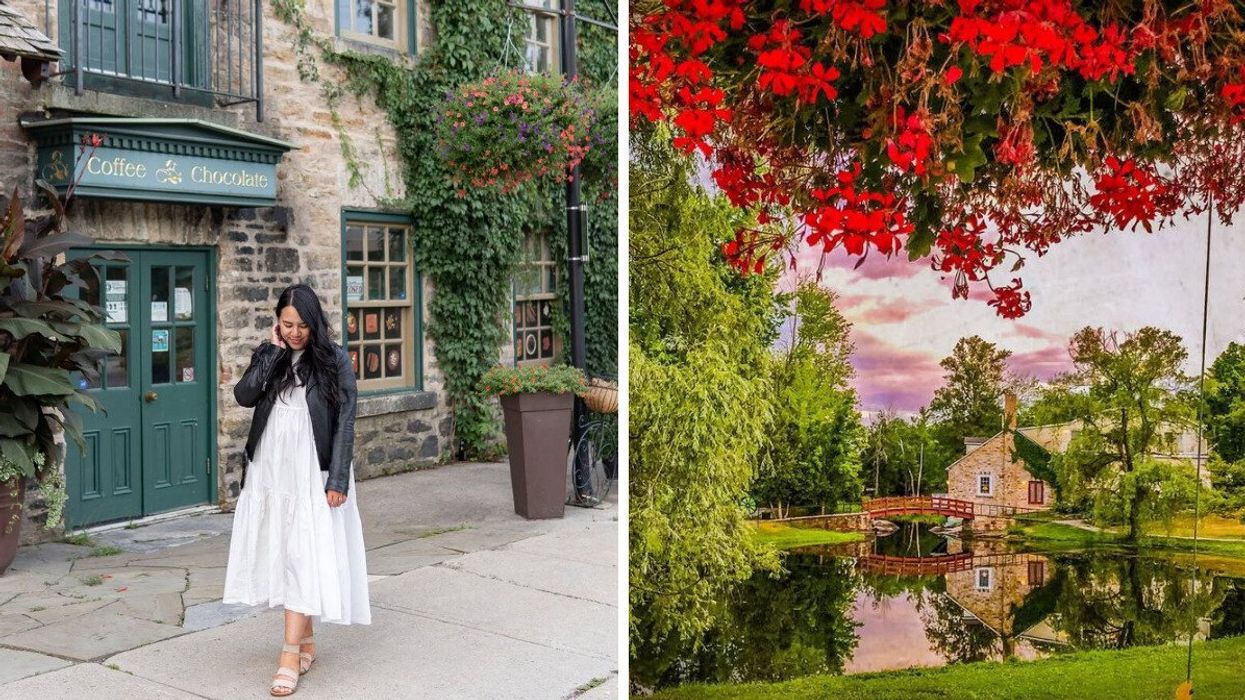 A person stands in front of a building in a small town. Right: A park in a small town in Ontario.