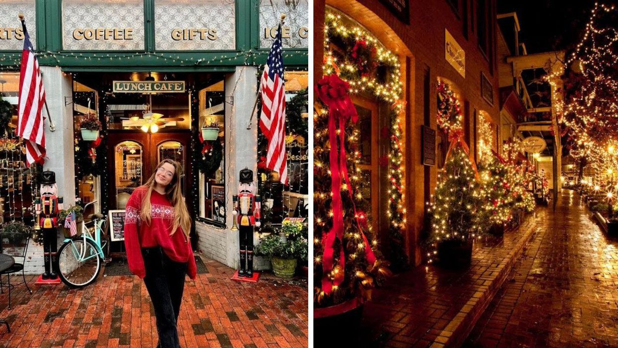 A person stands in front of a cafe with Christmas decorations. Right: A street is seen lined with glowing Christmas trees.