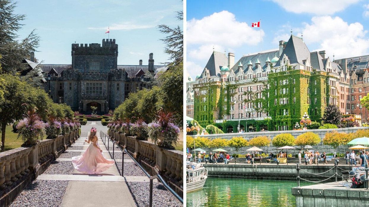 A person stands in front of a castle in B.C. Right: A hotel in B.C.