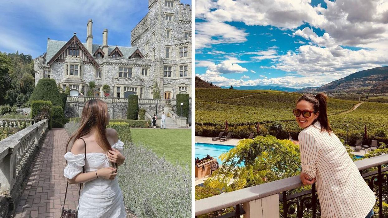 A person stands in front of a castle in BC. Right: A person stands in the Okanagan Valley.