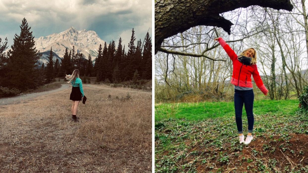 A person stands in front of a mountain in Canada. Right: A person poses with their arms raised beside a tree.