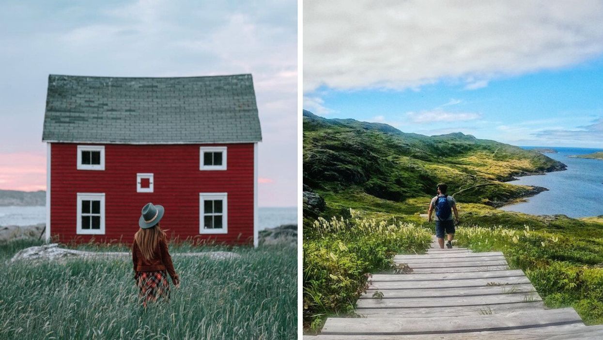 A person stands in front of a red house. Right: A person walks down stairs on an island in Canada.