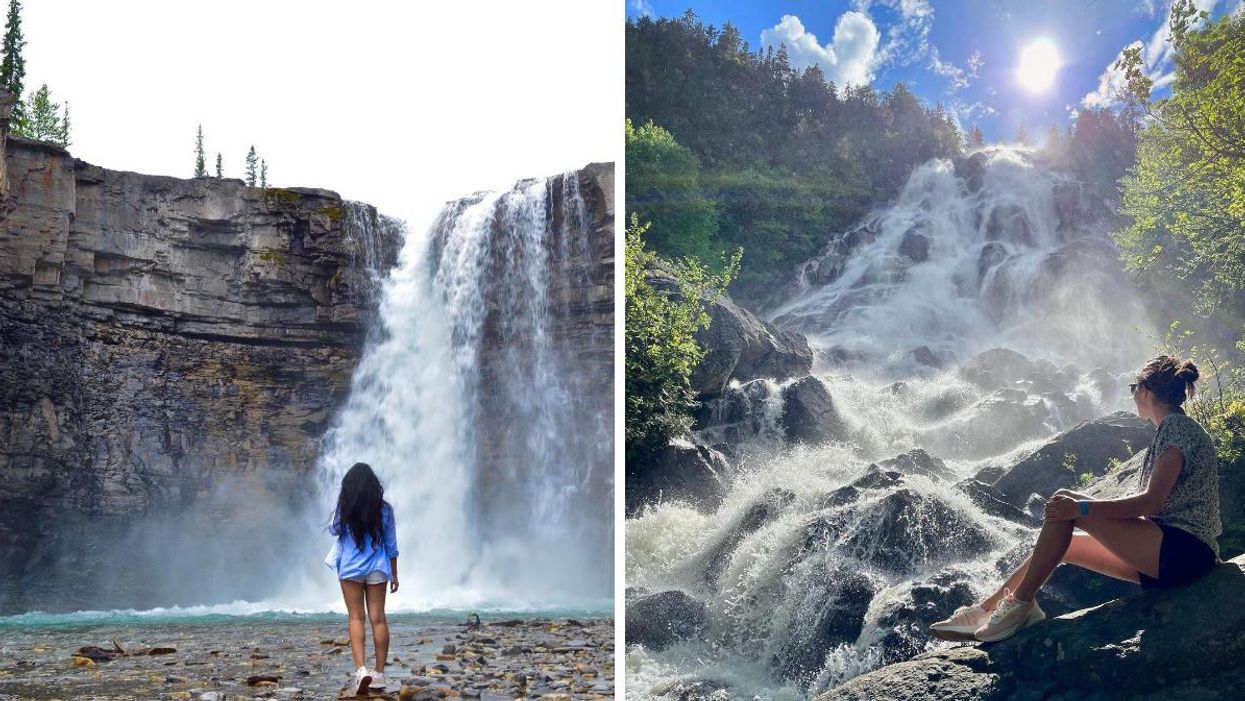 A person stands in front of a waterfall in Alberta. Right: A person sits on a rock beside a waterfall.
