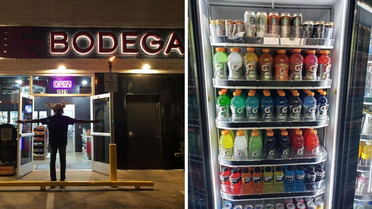 A person stands in front of Bodega in Ft. Worth, TX. Right: One of the refrigerators at Bodega.