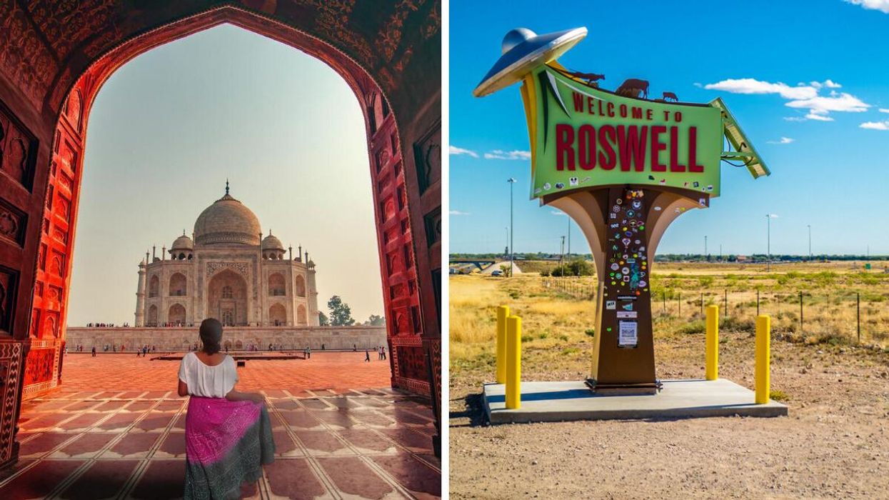 A person stands in front of the Taj Mahal in India. Right: A sign for Roswell, New Mexico. 