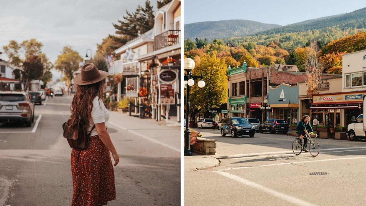 A person stands in small town in Quebec. Right: A small town in B.C.