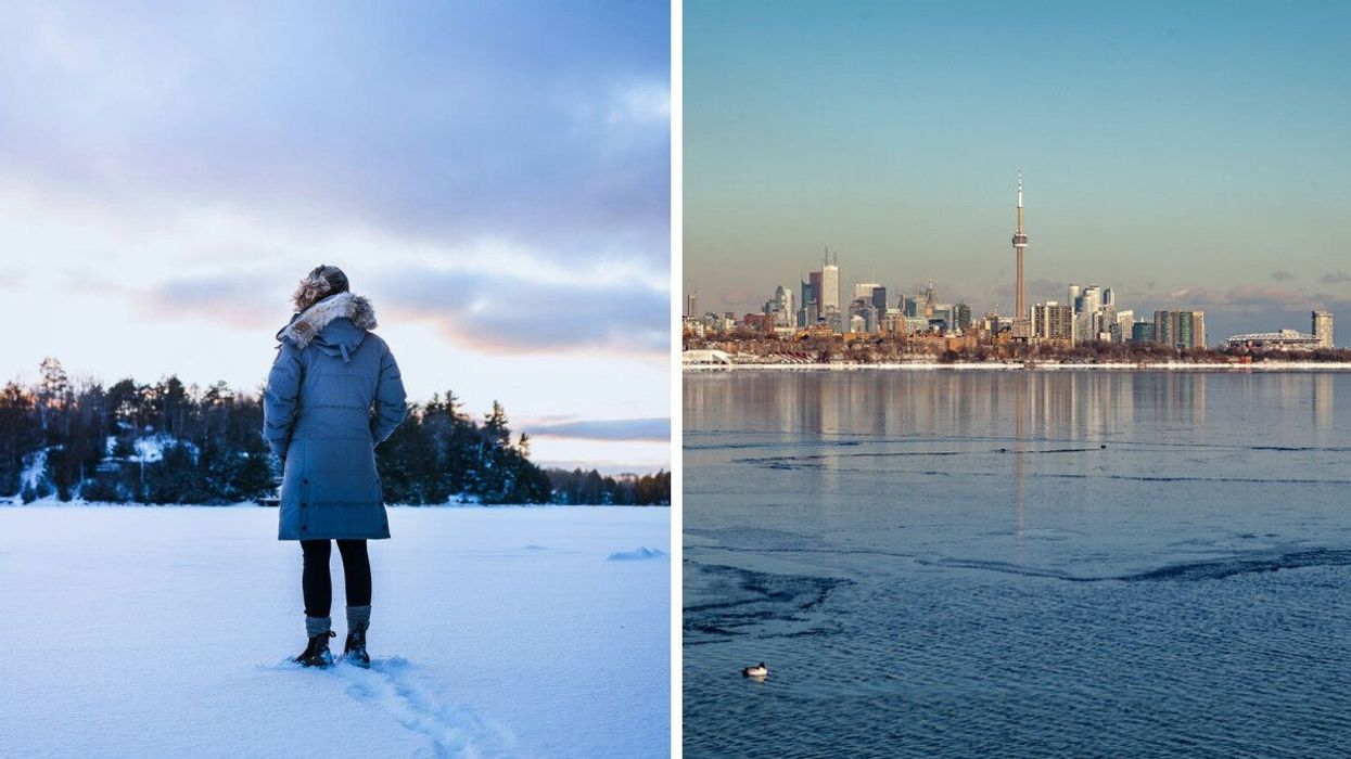A person stands in snow in a parka. Right: A frozen view of the city of Toronto.