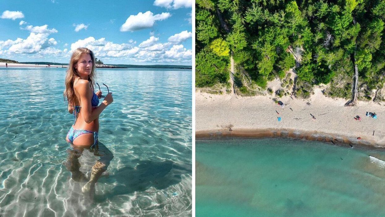 A person stands in the water at a beach in Nova Scotia. Right: A beach in Ontario.