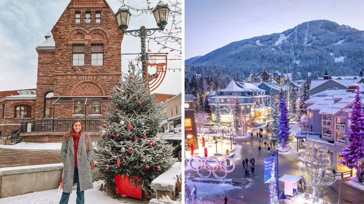 A person stands next to a Christmas tree in front of a brick building. Right: The Olympic Village in Whistler is seen glowing at night.