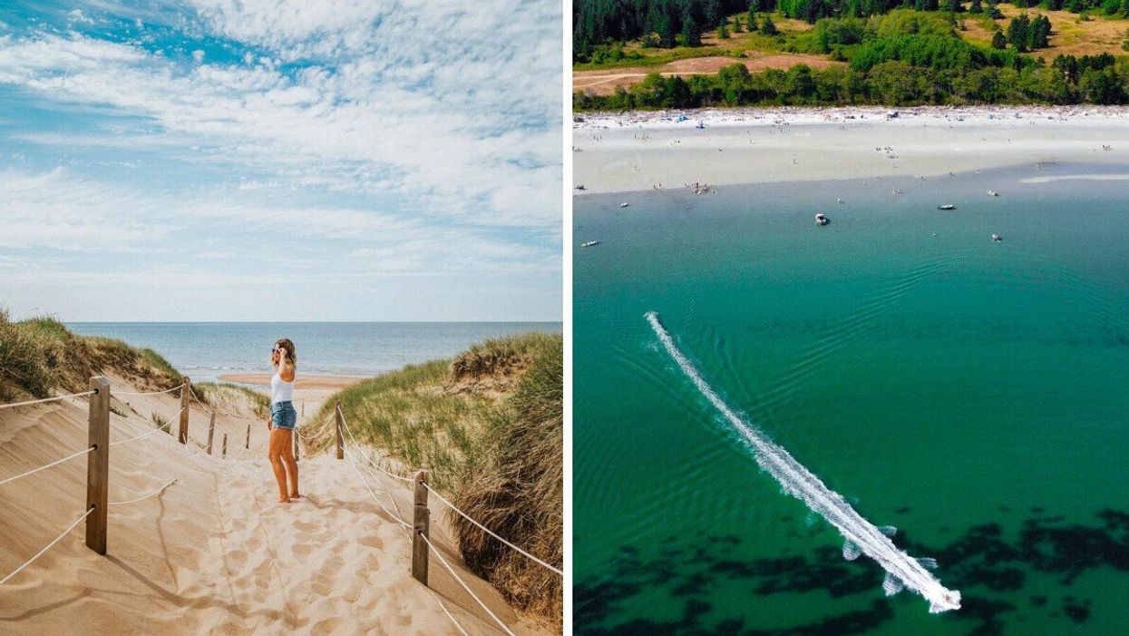 A person stands on a beach on Prince Edward Island. Right: Tribune Bay in B.C.