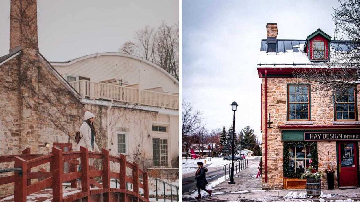 A person stands on a bridge in a small town in Ontario. Right: Holiday decor in a small town near Ottawa.