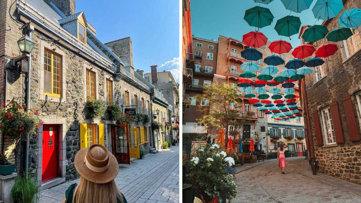 A person stands on a street in a city in Canada. Right: A person stands under umbrellas in Canada's most European city. 