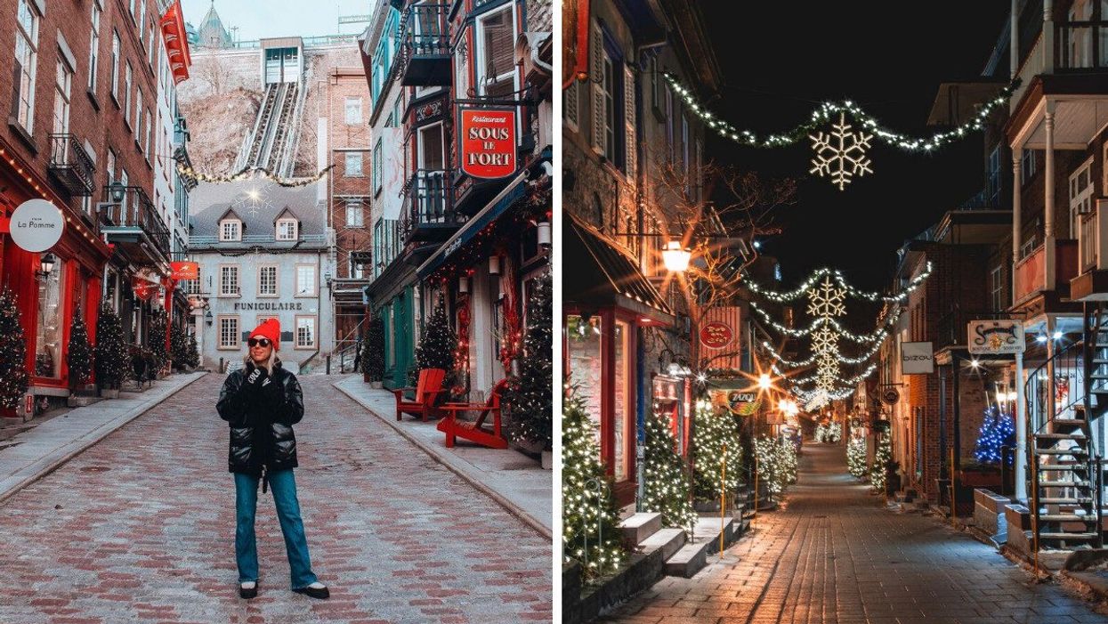 A person stands on a street in Quebec City with trees and stores lining it. Right: A cobblestone street lined with glowing Christmas decor.
