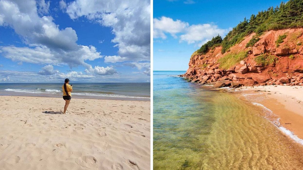 A person stands on a white-sand beach in Canada. Right: A beach in Canada.
