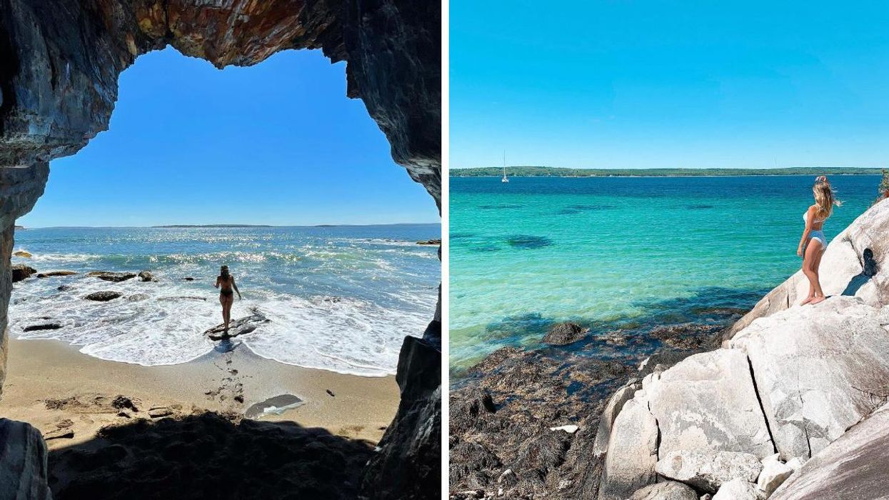 A person stands on the beach in front of a cave. Right: A person stands on a rock looking out on blue water.