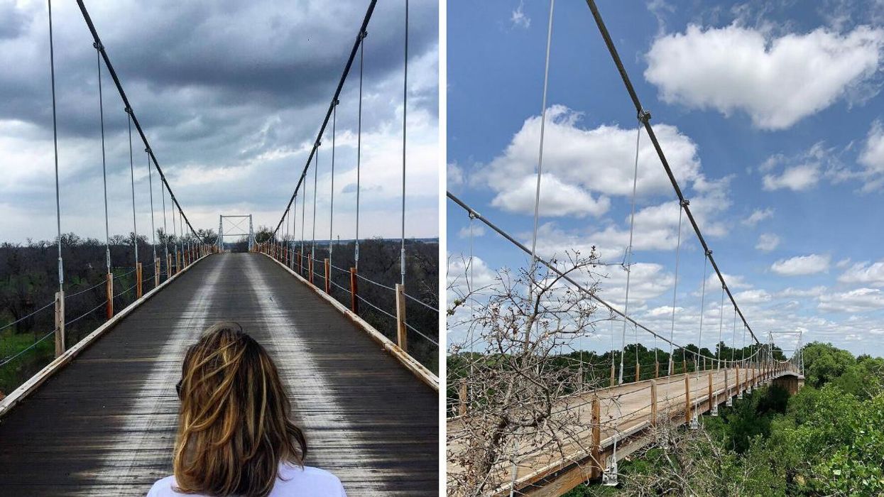 A person stands on the Regency Suspension Bridge. Right: A side view of the bridge.
