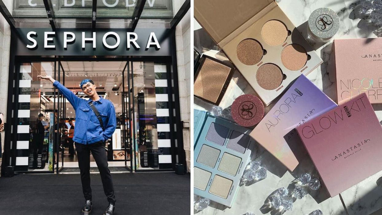 A person stands outside a Sephora store. Right: Anastasia Beverly Hills products.