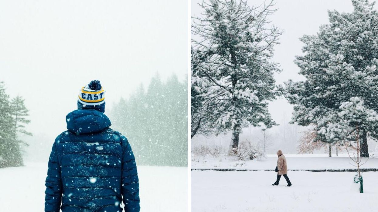 A person stands outside during a snow storm. Right: A person walks through snow.