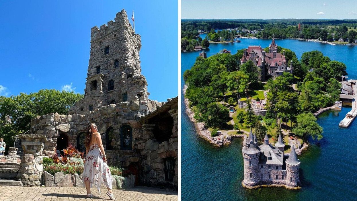 A person stands outside of Boldt Castle. Right: An aerial view of the castle.