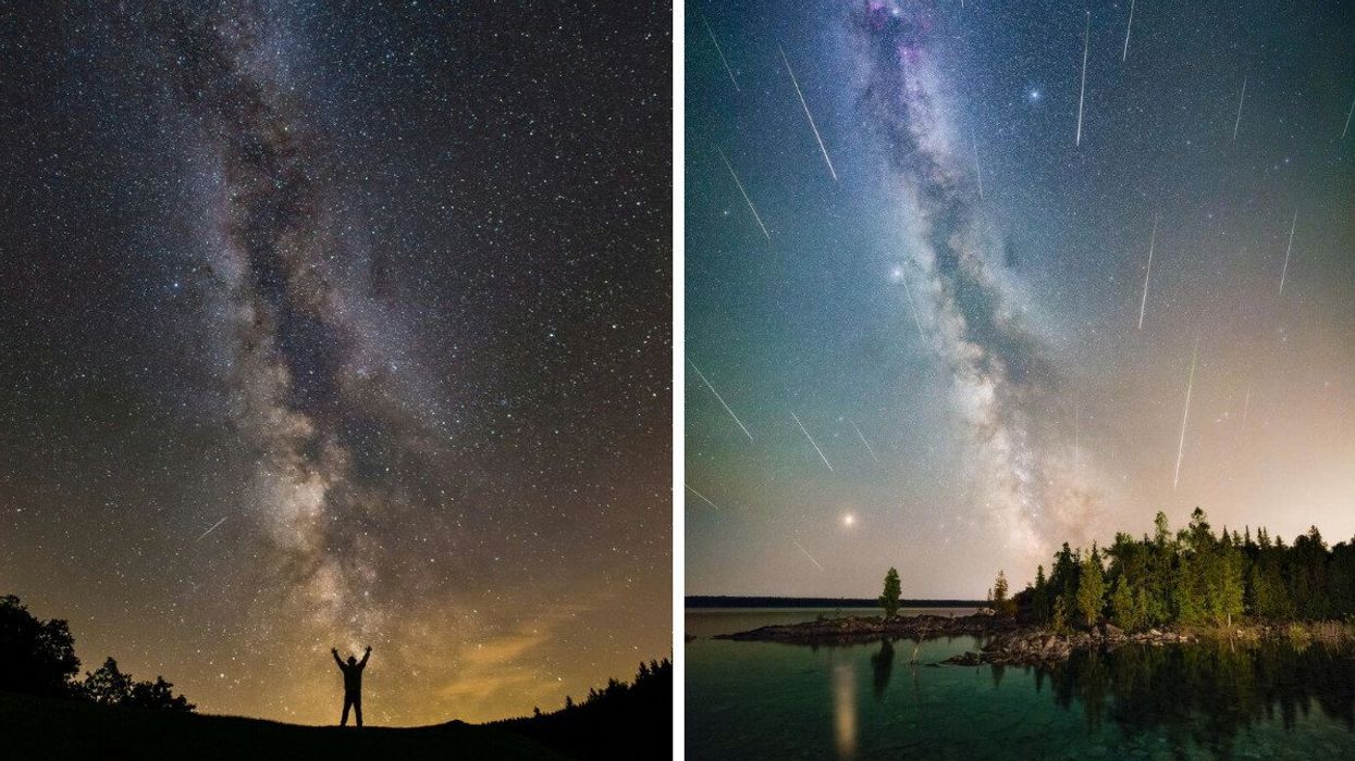 A person stands under a sky of stars. Right: The Milky Way galaxy seen at an Ontario Park.