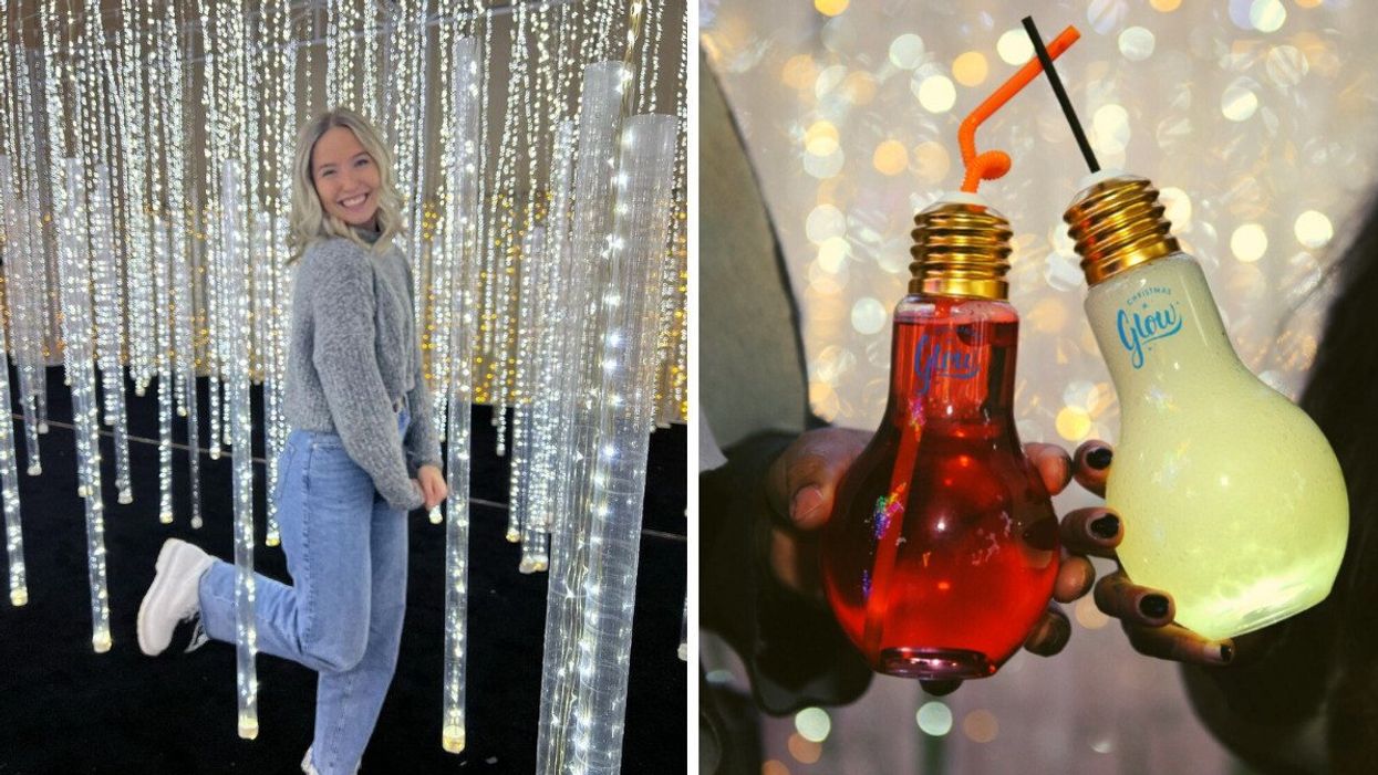 A person stands under handing lights at Glow. Right: Two people hold light-bulb shaped drinks at Glow.