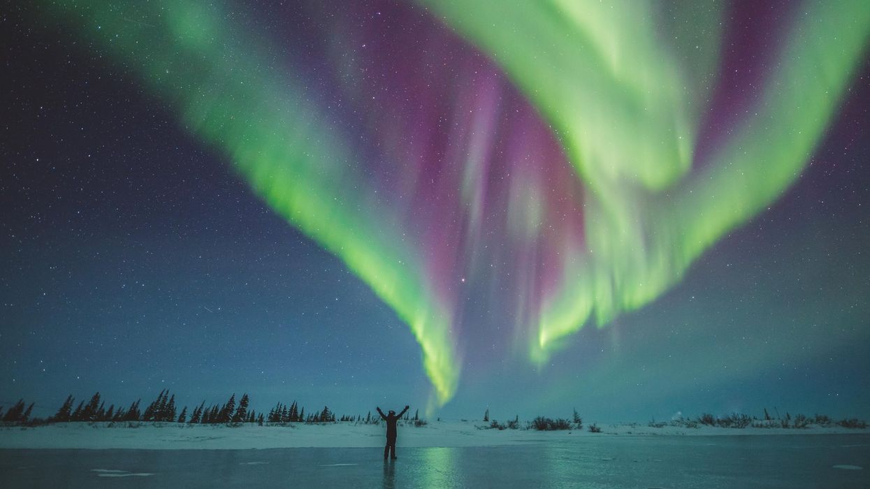 A person stands under northern lights.