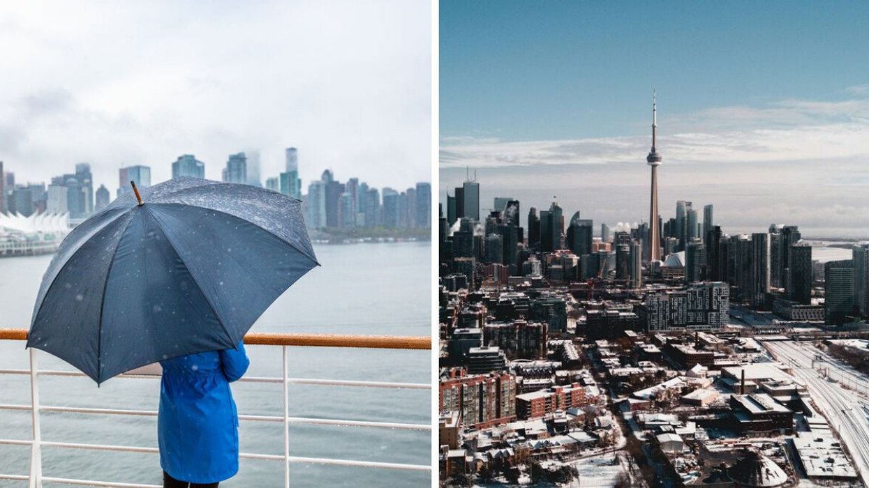 A person stands with an umbrella in front of the Vancouver skyline. Right: The city of Toronto seen covered in snow.