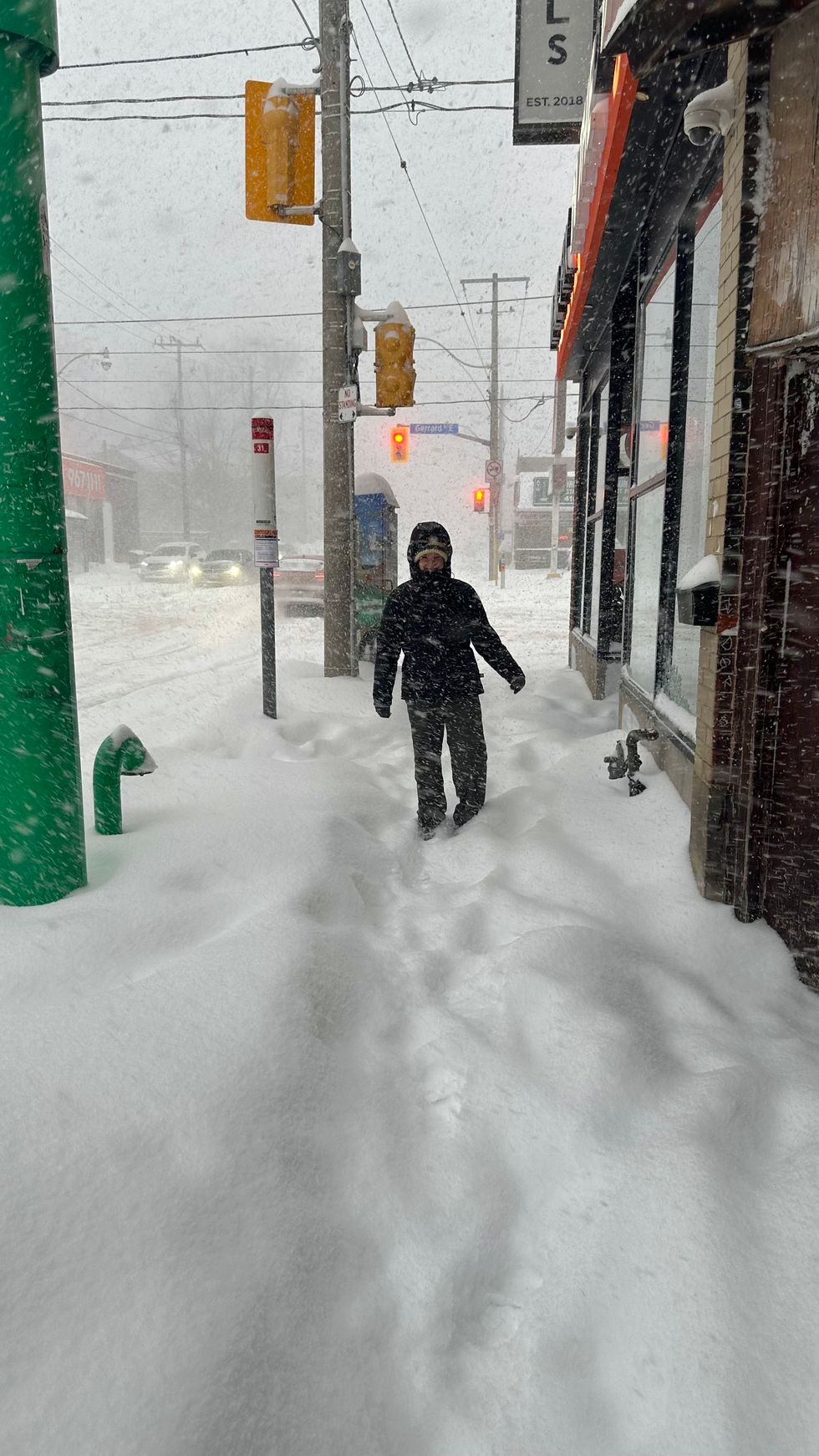 A person stood in a snow storm.