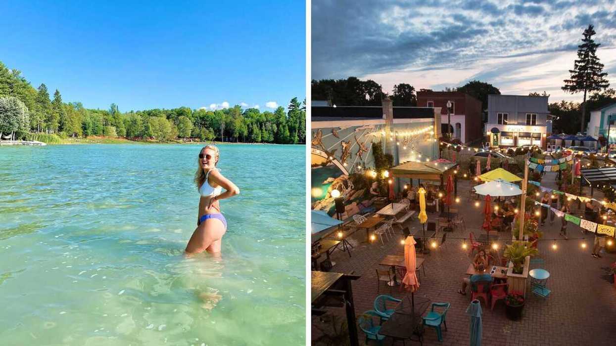 A person swimming in a lake. Right: A patio with hanging lights.