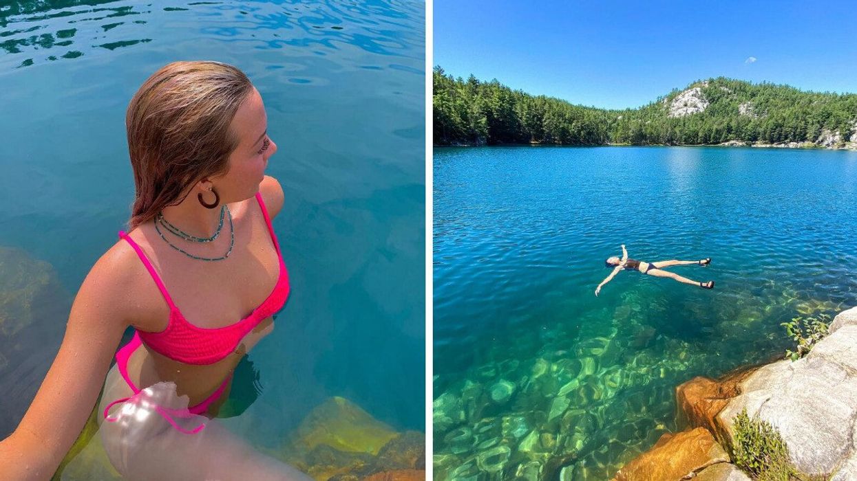 A person swimming in a lake. Right: A person floating in a lake.