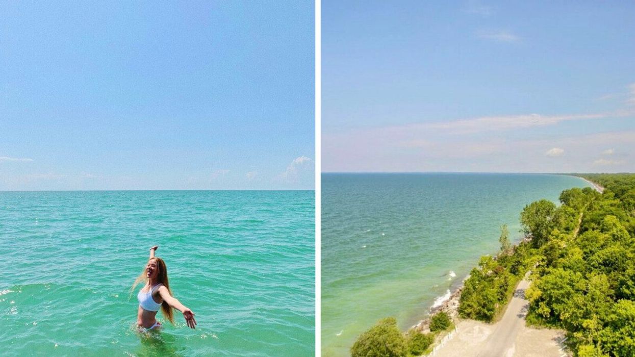 A person swimming in blue water. Right: A blue water shoreline.