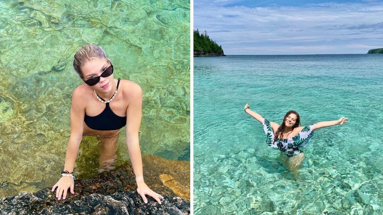 A person swimming in clear water. Right: A person at a blue-water beach.