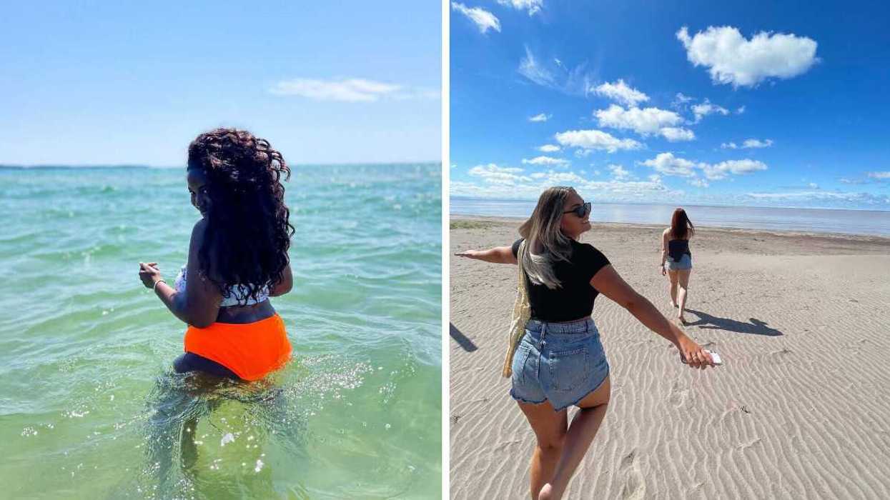 A person swimming in clear water. Right: A person running on a sandy beach.