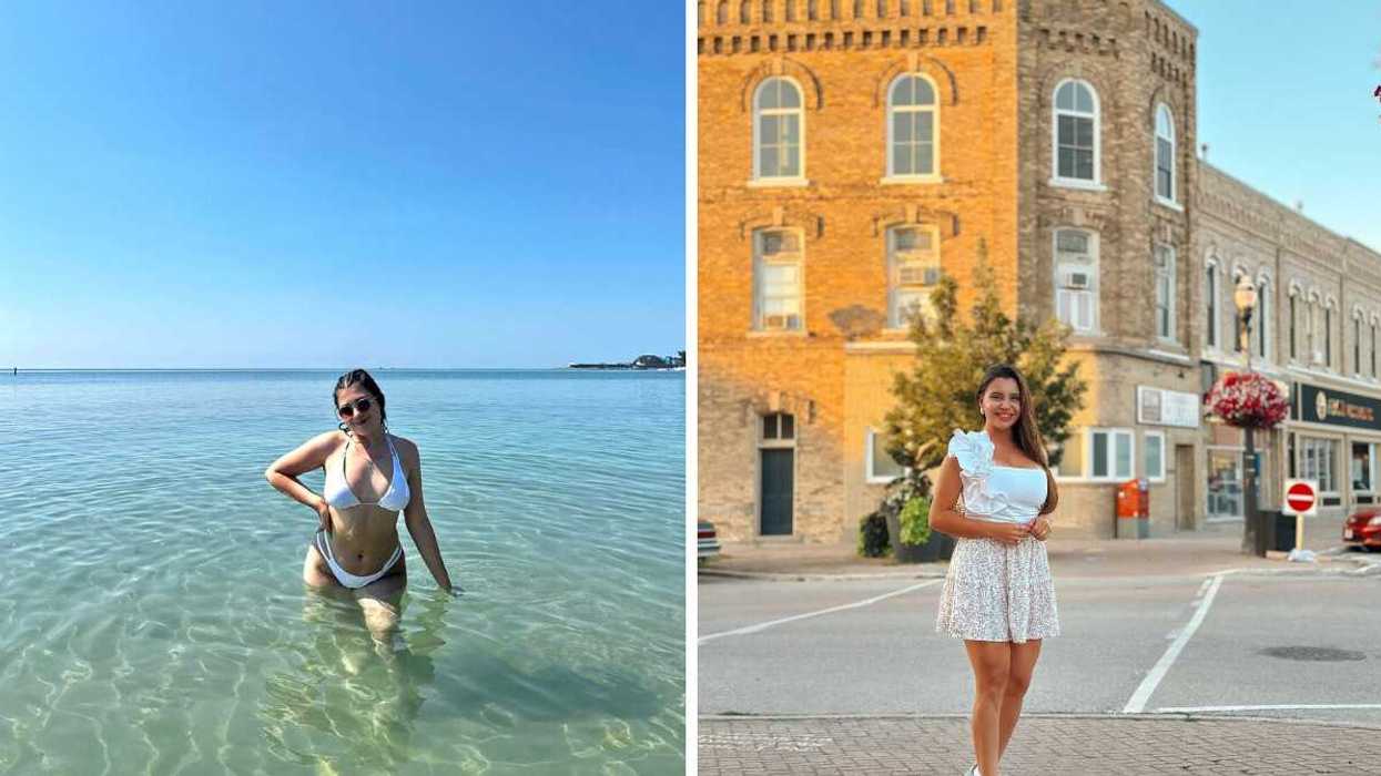 A person swimming in clear water. Right: A person standing on a street.