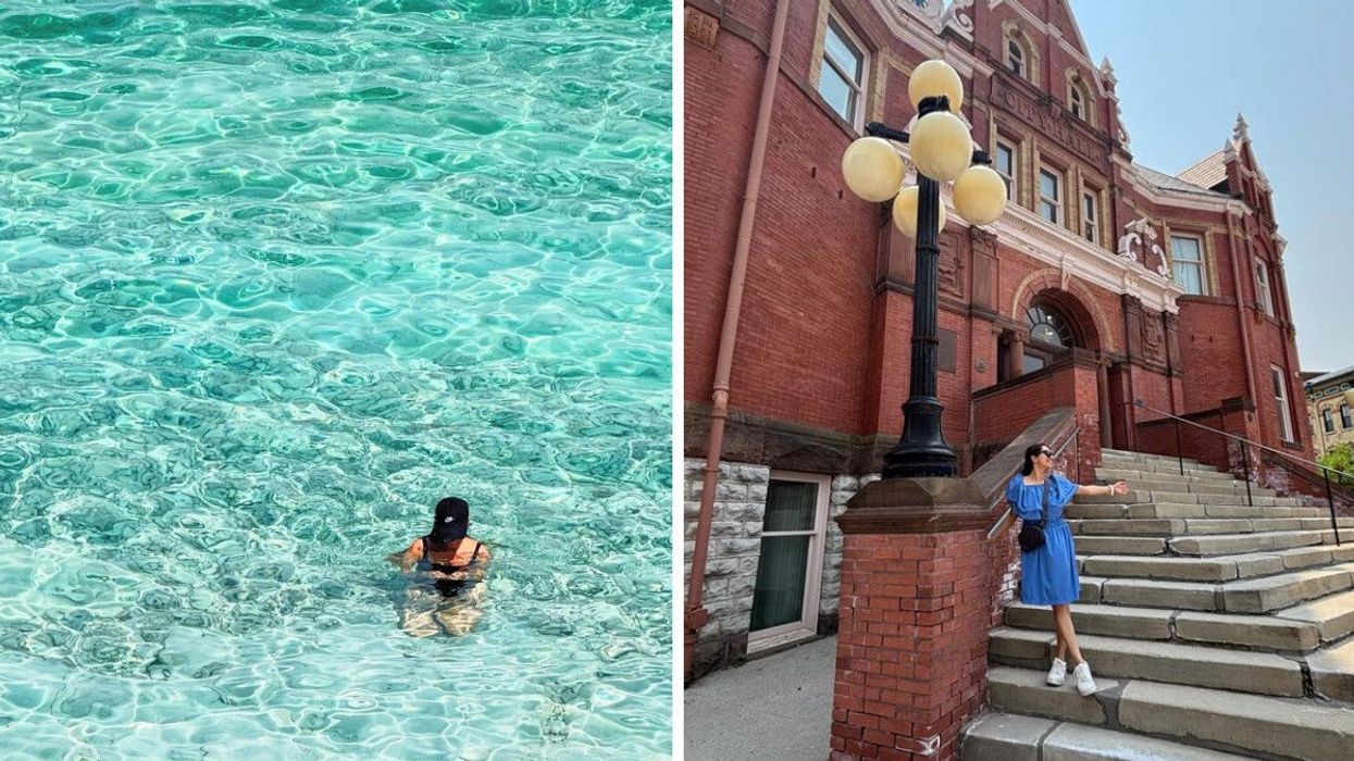 A person swimming in turquoise water. Right: A person standing by a historic building.