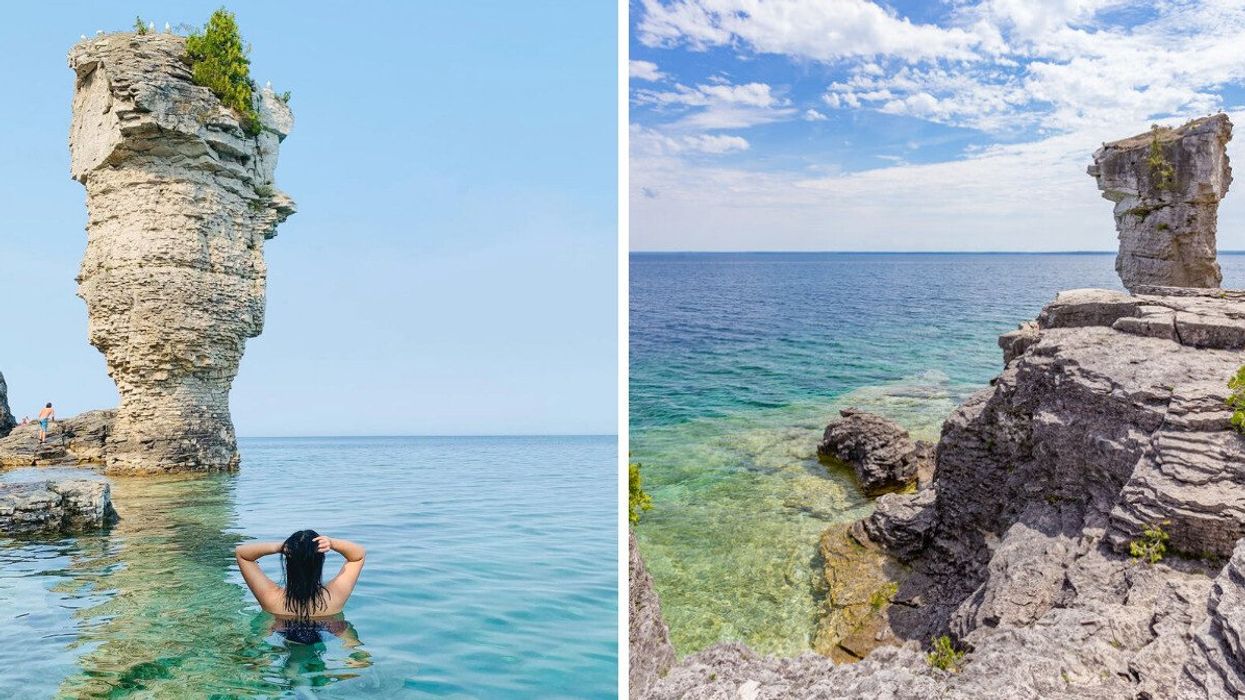 A person swimming in turquoise water. Right: A rocky shore with clear water.
