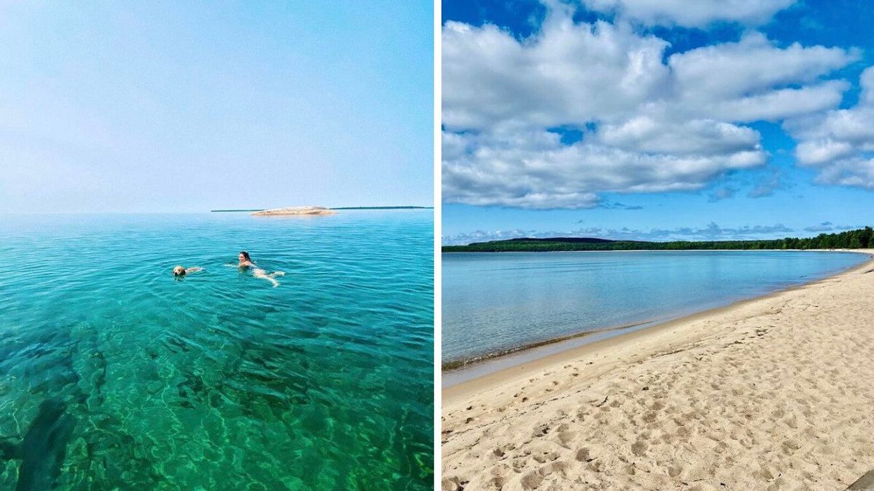 A person swimming in turquoise water. Right: A sandy beach.