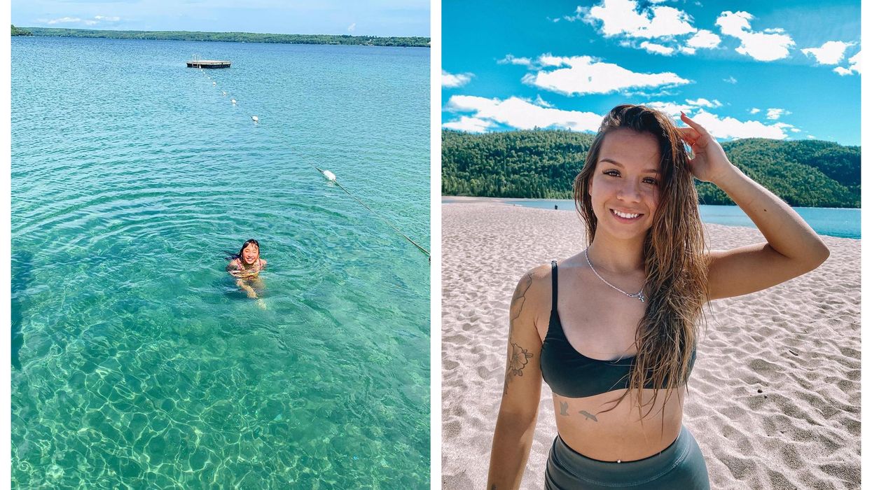 A person swimming in turquoise water. Right: A woman stands in the sand at the beach.