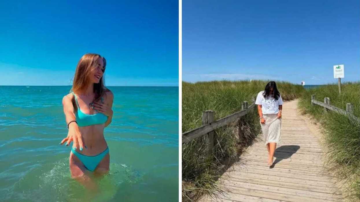 A person swimming in water. Right: A person walking on a boardwalk.