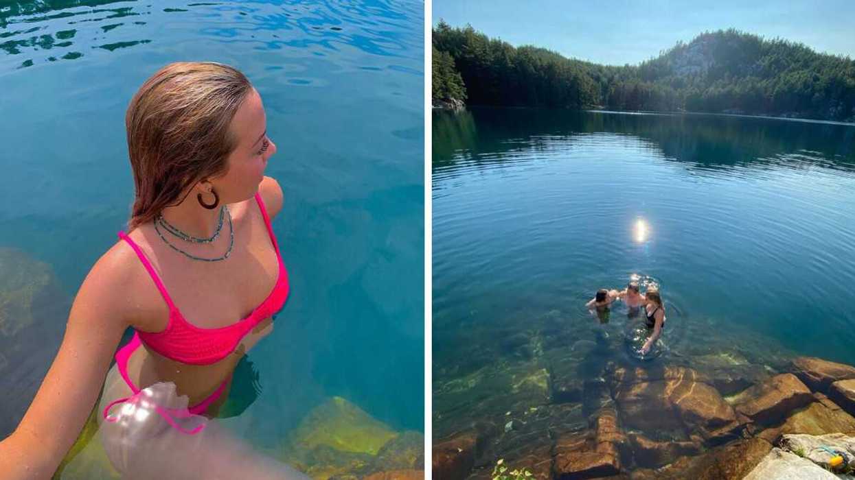 A person swimming. Right: A group of people in a lake.