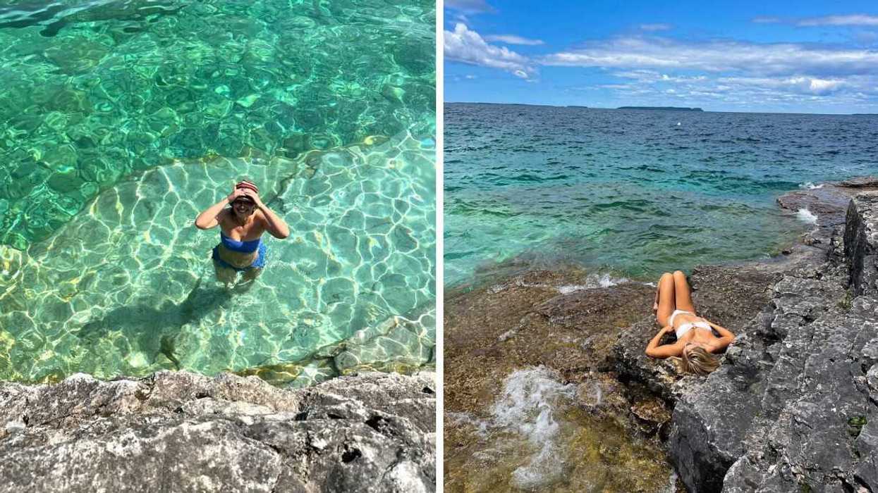A person swimming. Right: A person lying on a rocky shoreline.