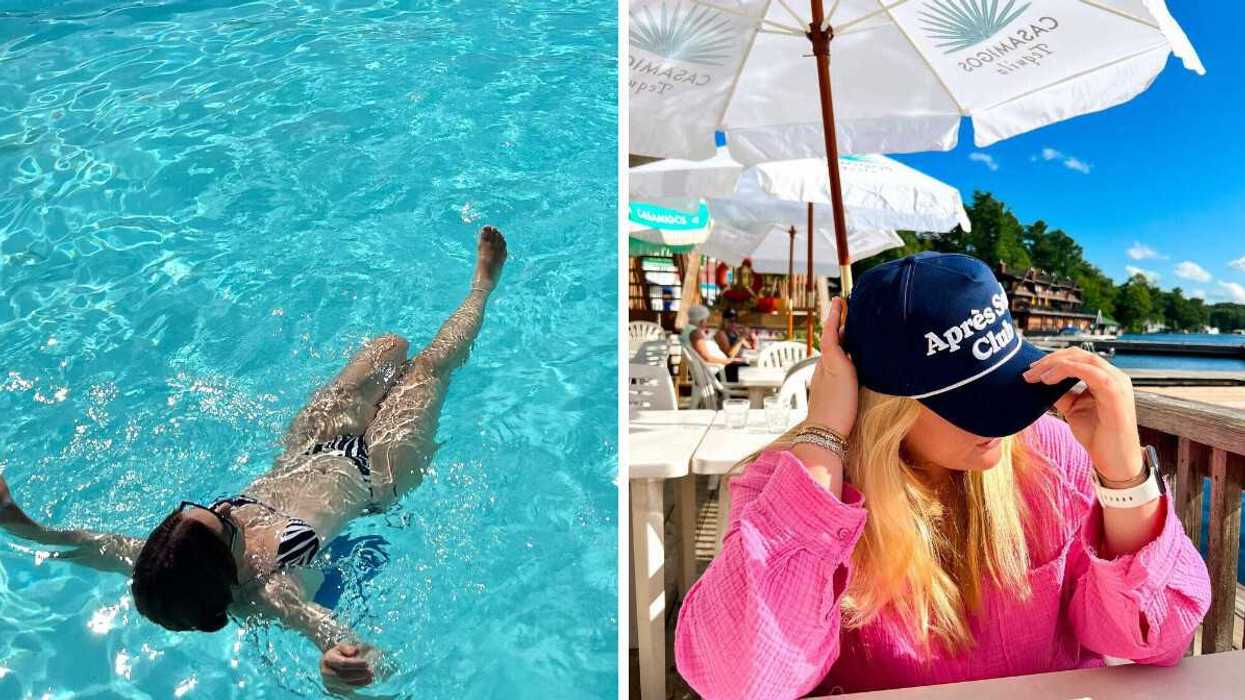 A person swimming. Right: A person sitting on a patio.