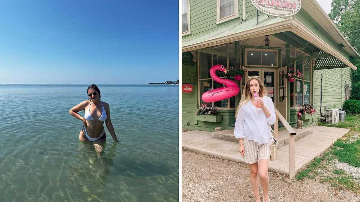 A person swimming. Right: A person standing outside a shop.