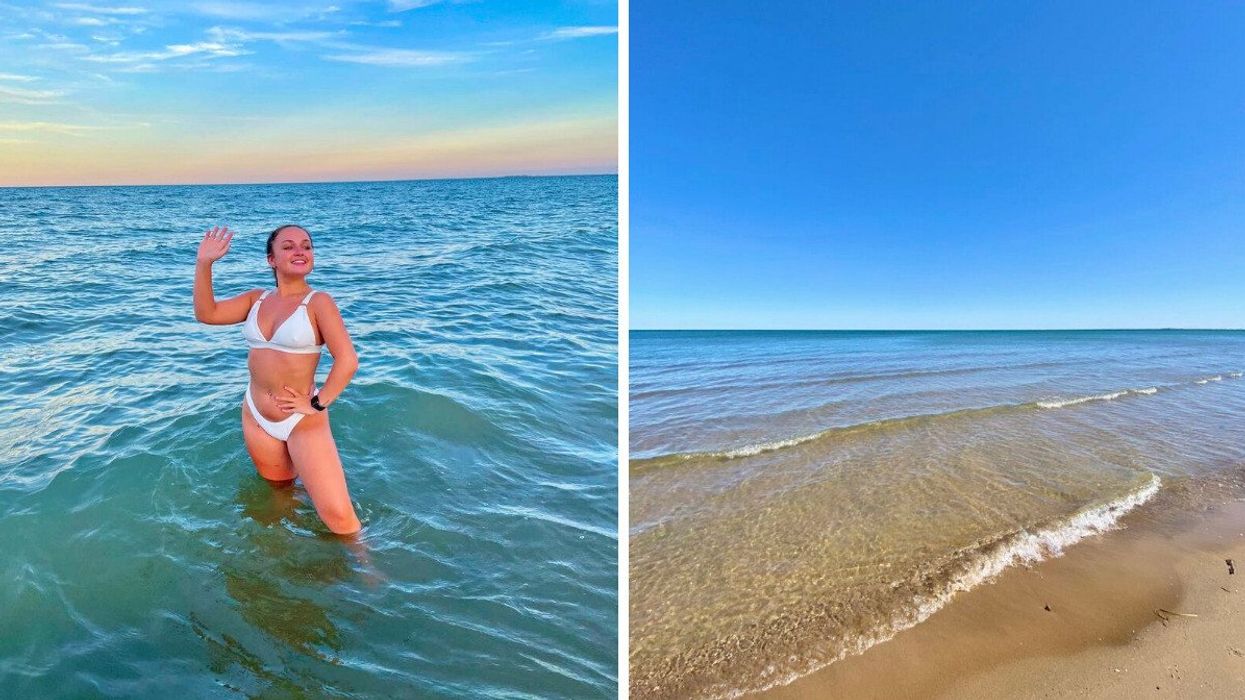 A person swimming. Right: A sandy beach.
