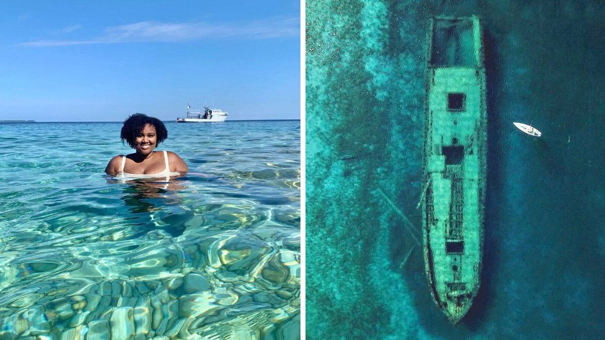 A person swimming. Right: A shipwreck beneath the water.