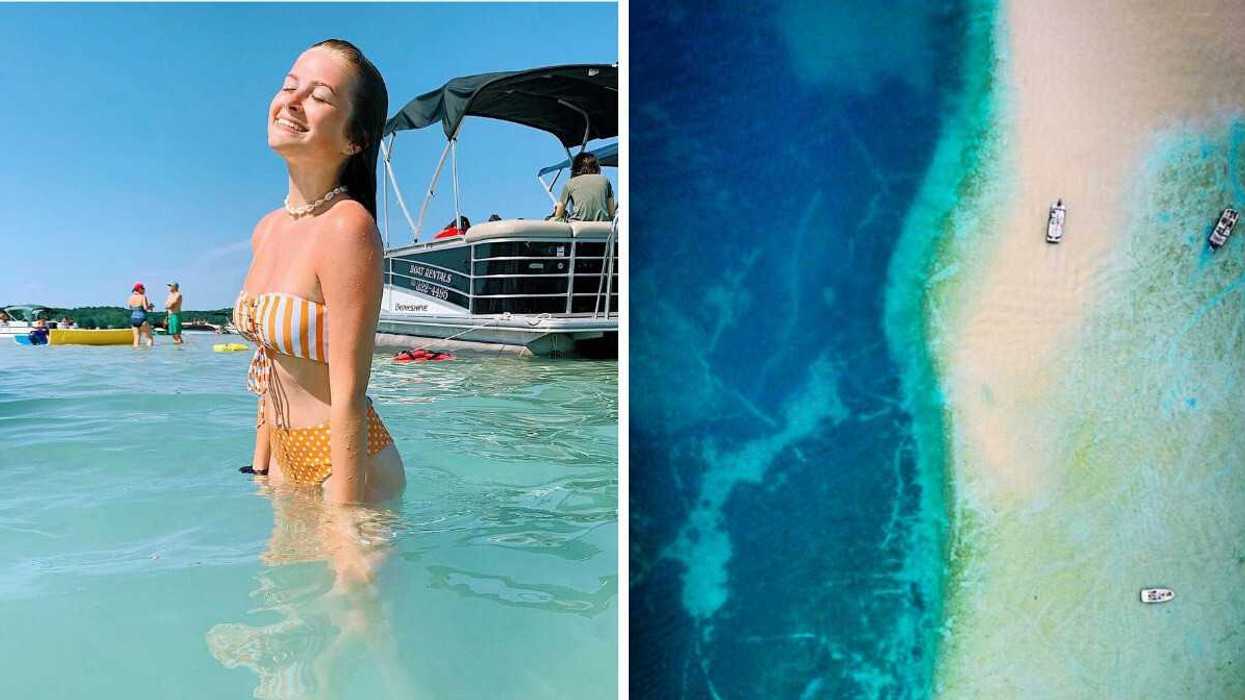 A person swimming. Right: An aerial view of a lake.