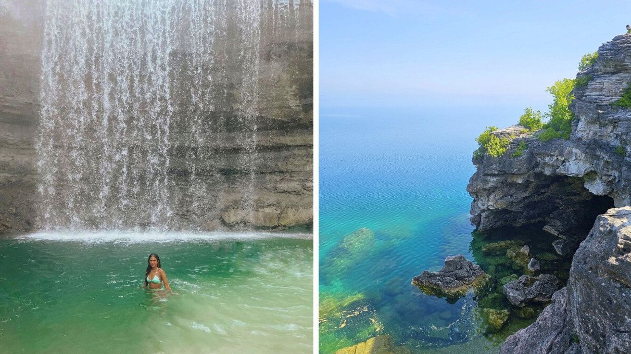 A person swimming under a waterfall. Right: A cave by turquoise water.